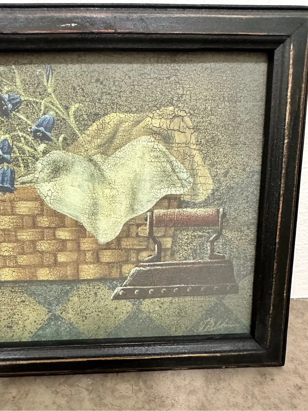 Vintage Framed Still Life Rustic Floral Basket Wall Art Flat Iron 9.5 x 7.5 inch